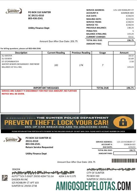 Para baixar modelo de conta de serviços públicos de água da cidade de Sumter, Carolina do Sul, EUA, em formatos Word e PDF